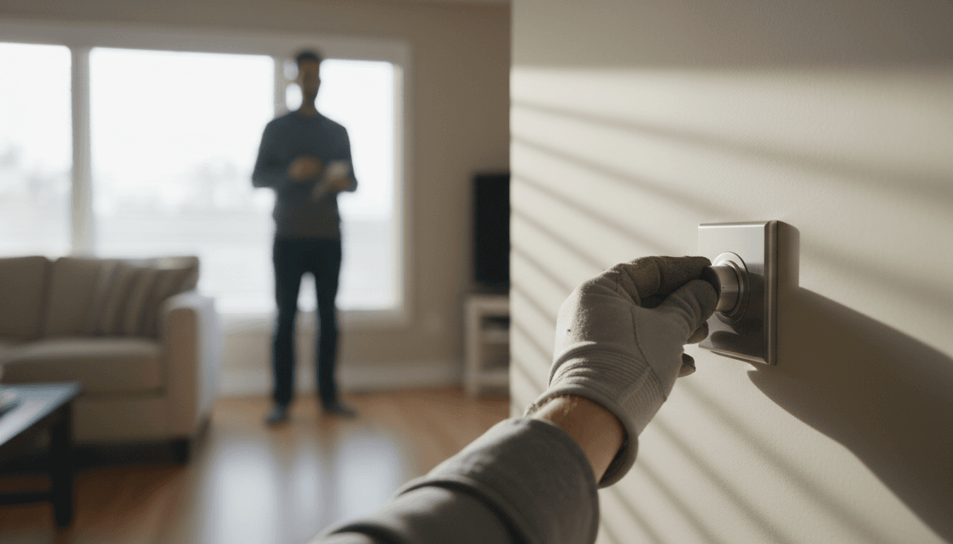 Electrician adjusting dimmer switch with homeowner silhouette blurred in background
