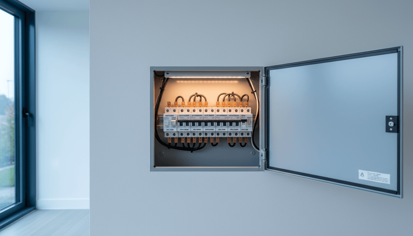 Open electrical panel with neatly labeled circuits in a modern luxury home utility room