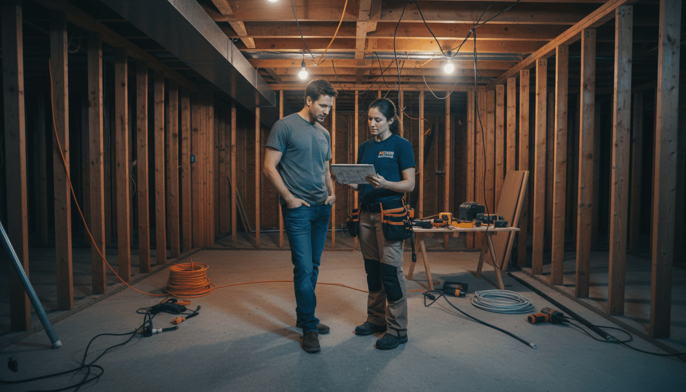 Electrician and homeowner reviewing work plan on tablet in basement renovation