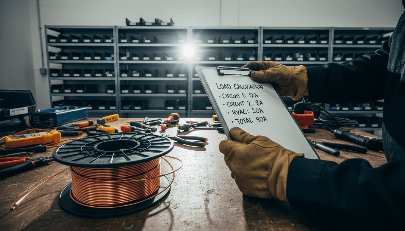 Electrician reviewing load calculations on a clipboard with copper wire spool nearby